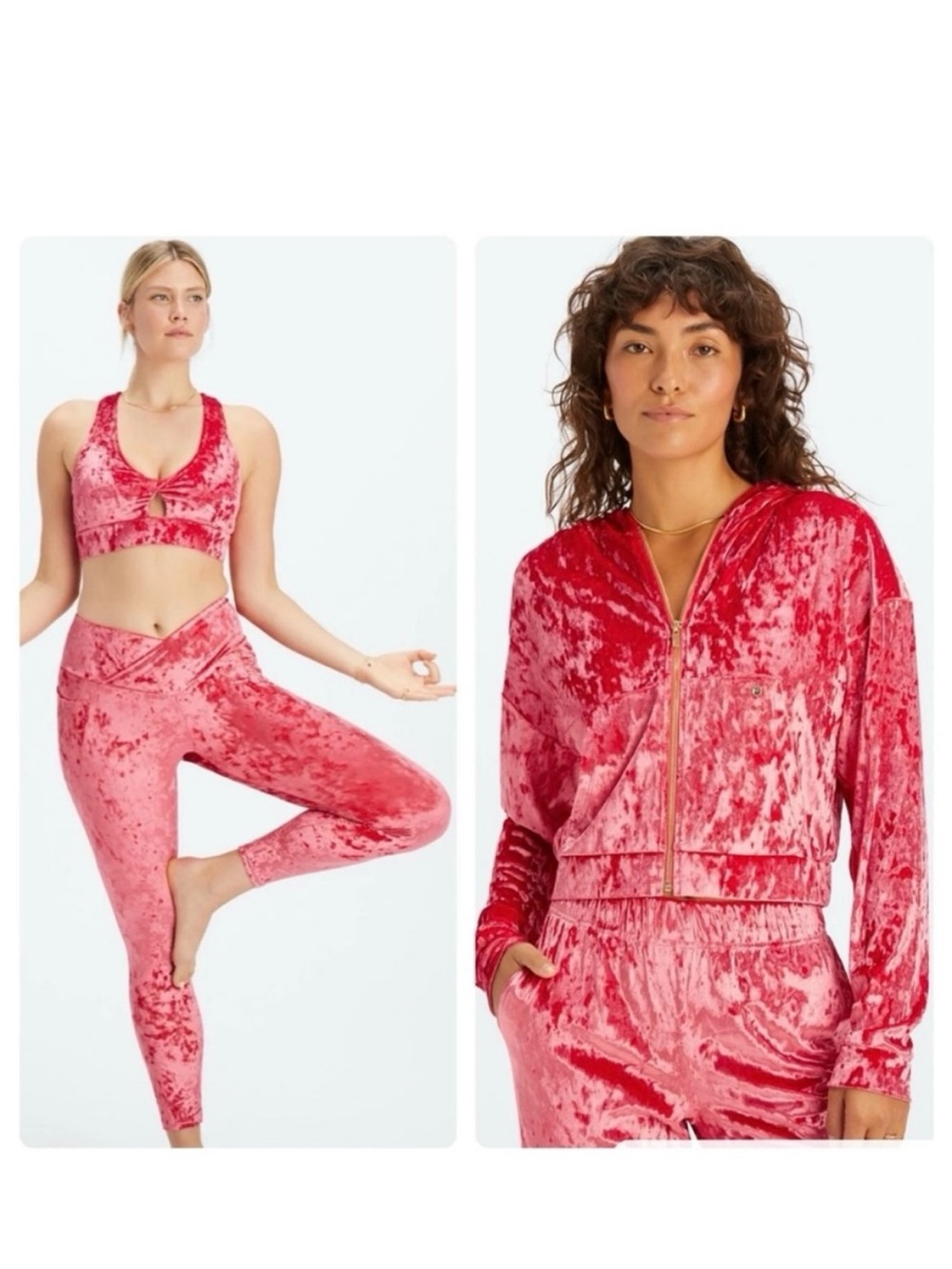 Fabletics Rose Pink Crushed Velvet Sports Bra & Zip Hoodie Set